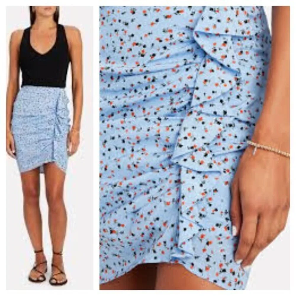 Veronica Beard Spencer Print Silk Skirt 8 Light Blue/Red Floral